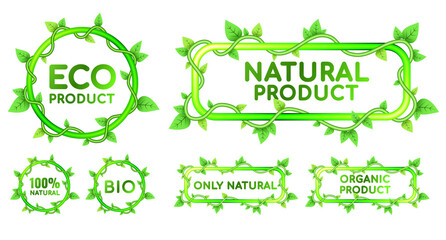 Set of vector signs, banners, label on the theme of ecology, natural product, vegetarianism, veganism, bio, cleanliness, freshness and greenery