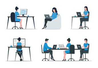 Office work set. Communication and brainstorming. Colored flat vector illustration. Isolated on white background.
