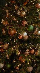 Obraz na płótnie Canvas Luxury decorated Christmas tree with gold, green, brown balls, beads, garland. Christmas decorations. Happy New Year and Merry Christmas!