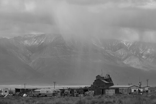 The Ghost Town Of Keeler California During A Major Rain And Sleet Storm At The Foot Of The Sierra Nevada Snow Capped Mountains