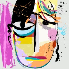 Gordijnen abstract face or mask, with paint strokes and splashes, art inspired © Kirsten Hinte