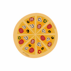 Delicious pizza with tomato, olives, mushrooms, salami, jalapenos