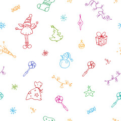 Seamless vector pattern on white background - Christmas or New Year mood. Gifts, Gnomes, Santa, Snowman, lights, candies.