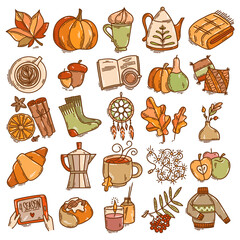 Set of color hand-drawn autumn mood vector icons in doodle style. Cozy cute cartoon collection isolated on white background for seasonal decoration.