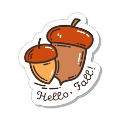 Colorful hand-drawn autumn sticker set with acorns in doodle style isolated on white background. Cute vector collection for seasonal decoration.