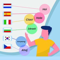 Young boy show hello in different languages in many country. International friendship  communication set