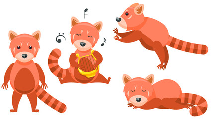 Set Abstract Collection Flat Cartoon 
Different Animal Red Pandas Stand, Sleeping, Jumping, Plays The Lyre Vector Design Style Elements Fauna Wildlife