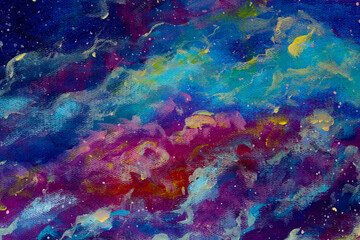 Fototapeta na wymiar Cosmic blue purple clouds in universe abstract background painting illustration
