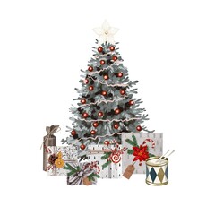 watercolor Christmas tree. a decorated Christmas tree. gifts under the Christmas tree