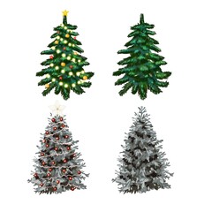Watercolor set of Christmas trees. Christmas trees. green Christmas tree decorated and blue Christmas tree
