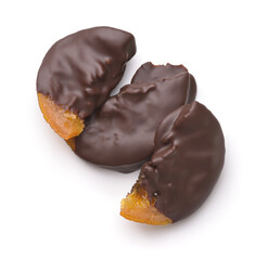 Top view of dark chocolate dipped candied orange slices