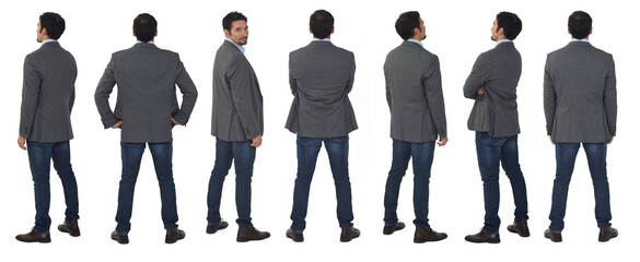 large group of same back man dressed in blazer and jeans on white background