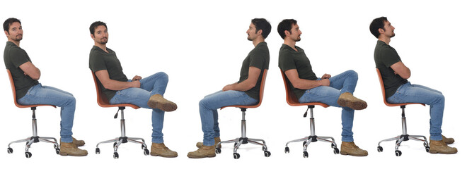  same man sitting on profile  in various poses on white background