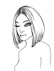 Portrait of a beautiful girl with fashion make up.Hand drawn illustration .Young woman image on white background.