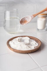 selective focus. food supplement collagen in the form of powder for dissolving in water. natural composition. benefits for the face and body