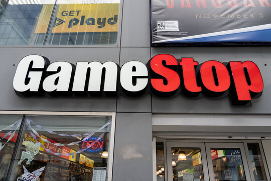 Toronto, Canada - November 16, 2021: Close up of GameStop store sign on the building in Toronto, Canada. 
GameStop Corp. is an American video game, consumer electronics, and gaming merchandise retaile