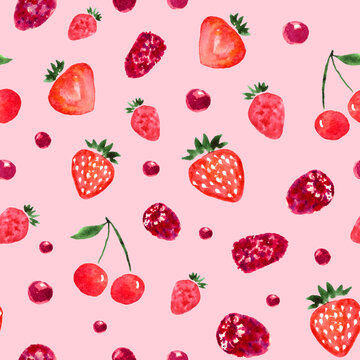 Seamless pattern with watercolor berries on pink background. Hand painted colorful illustration.