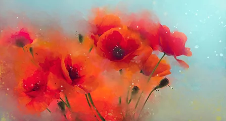 Fototapeten Gemalte Blumen Image of watercolor poppies with decisive and splashes paint on blue background  © foldyart1980