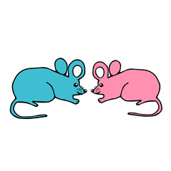 Hand drawn vector illustration of a pair of beautiful little pink and blue young mice on a white background