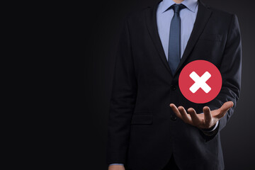 Hand holds icon,cancellation symbol,cancel icon.Cross mark flat red icon.round X mark.cancel...