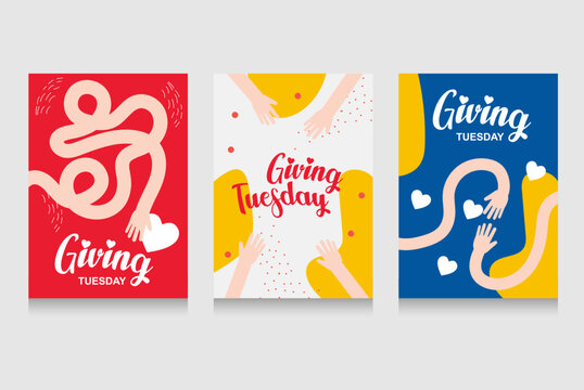 Happy Giving Tyesday. Trendy abstract art templates with hand, logo, dots. Set of flat backgrounds for social media, stories, banners, invitation card, poster, greeting card, header for website