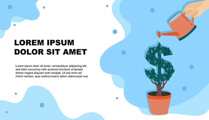 Hand with can watering money tree. Financial growth concept. Set of flat backgrounds for social media, banners, header for website, homepage. Vector flat illustration