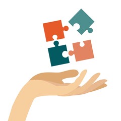 Diverse collective people assembling jigsaw puzzle, colleagues participating in successful teamwork, finding business solution, corporate unity, team building concept, top view