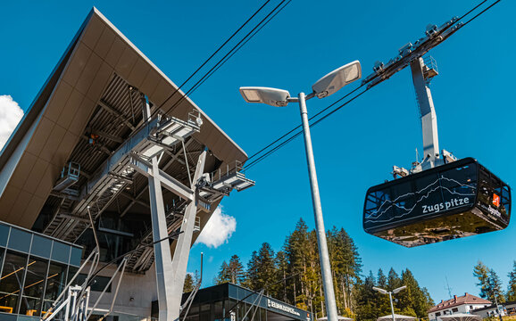 Beautiful alpine summer view at the famous Zugspitzbahn cableway base station, top of germany, near Garmisch-Partenkirchen, Bavaria, Germany