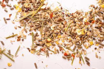 professional  muesli and granules for senior horses  background.  close up. feeding and horse care concept.