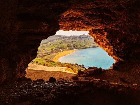 View from Tal-Mixta Cave on Ramla Beach in Gozo in Malta.