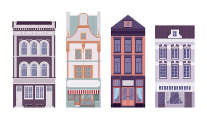 Fototapeta premium Townhouse set, slim, high houses with attic to trade goods. City living accommodations, mansard rooftop, beautiful classical old house architecture, ornament. Vector flat style cartoon illustration