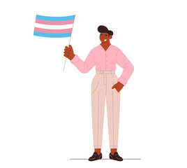 Flat vector illustration. A person holds transgender flag at street demonstration in support of LGBT rights. - obrazy, fototapety, plakaty