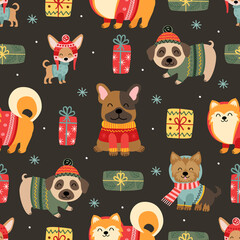 seamless pattern with funny dogs and gifts - 469960425