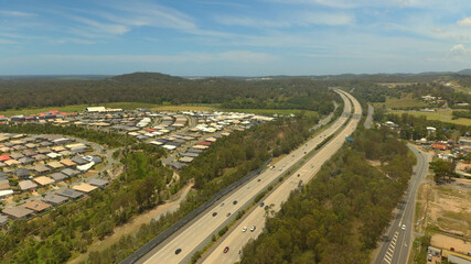 Traffic Aerial Ormeau M1 Motorway Highway towards Gold Coast, Queensland, Australia 
