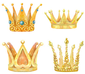Set of gold crowns. Watercolor hand draw illustration on white background © Andreichenko