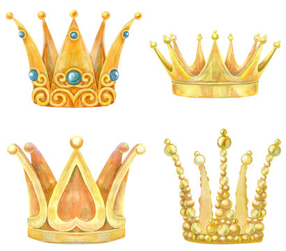 Set of gold crowns. Watercolor hand draw illustration on white background