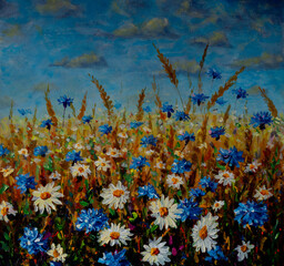 Field of white and blue flowers. Glade of cornflowers and daisies oil painting on canvas. Impasto artwork. Impressionism art.