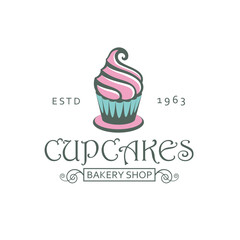 label with cupcake for bakery shop isolated on white background