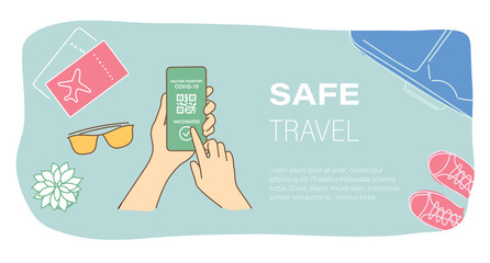 Landing page with safe travel concept. Green pass on smartphone screen with travel staff on background. Vector illustration - obrazy, fototapety, plakaty