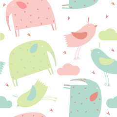 Print. Cute seamless background with elephants and birds. Pattern for children. Cartoon elephant. Can be printed on fabric.