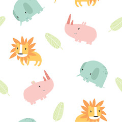 Print, Cute safari animals seamless pattern. Pattern for children. Cartoon elephant, lion, rhino. Can be printed on fabric.