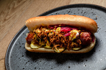 fast food hot dog with homemade sausage, deep-fried onions and pickled cucumbers