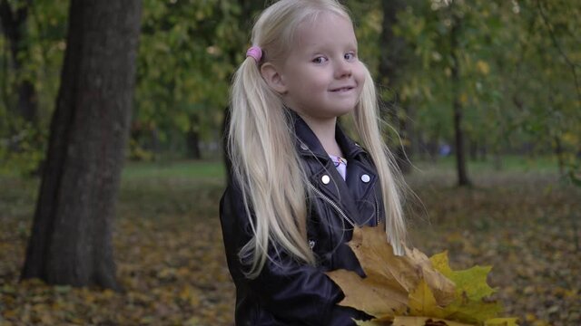 Portrait of a little girl in the autumn in the park. A child with yellow fallen leaves in nature