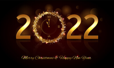 Happy New Year 2022 - Vector New Year background with gold clock on shining dark background. Christmas Greeting Card and Happy New Year Invitation with Shining Snowflakes. Vector illustration