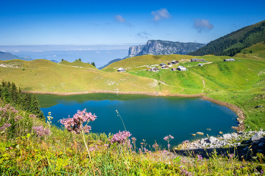 Lac De Lessy and Mountain landscape in The Grand-Bornand, France