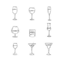 collection illustration glasses glasses bar menu cafe sketch black and white_4