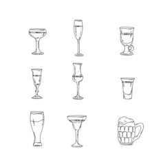 collection illustration glasses glasses bar menu cafe sketch black and white_4