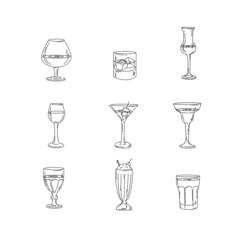collection illustration glasses glasses bar menu cafe sketch black and white_4
