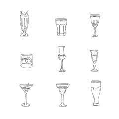 collection illustration glasses glasses bar menu cafe sketch black and white_4