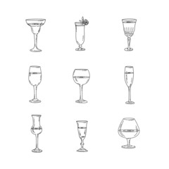 collection illustration glasses glasses bar menu cafe sketch black and white_4